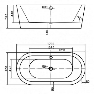 Ванна акриловая свободностоящая 1700х800х580мм, в комплекте слив-перелив и донный клапан, (цв.белый), Vita ZZ Swedbe vita 8812