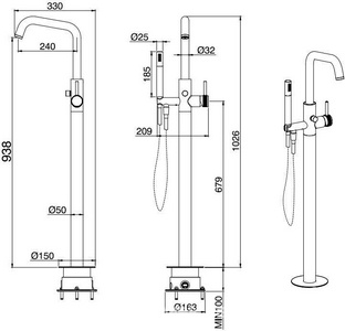 Смеситель для ванны, напольный, лейка д/д, шланг, встраиваемая часть в компл.,(цв.черный матовый),  ZZ Allen Brau Priority 5.31008-31