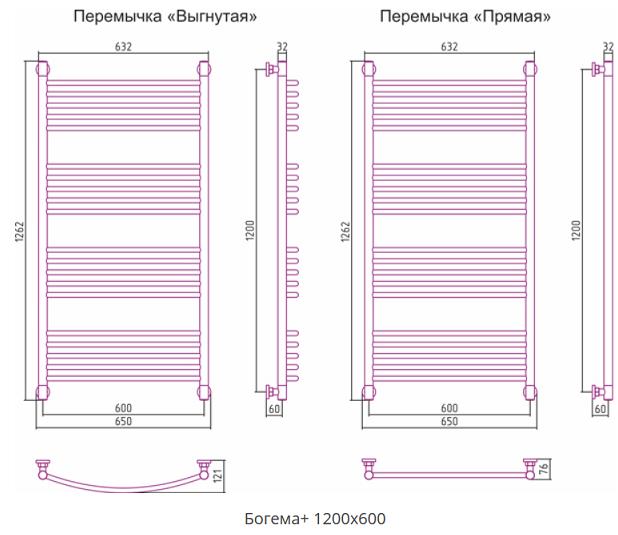 Полотенцесушитель "" 1200*600 мм, прямая, подключ. 3/4, комплектующие в комплекте, хром ZZ Сунержа Богема 