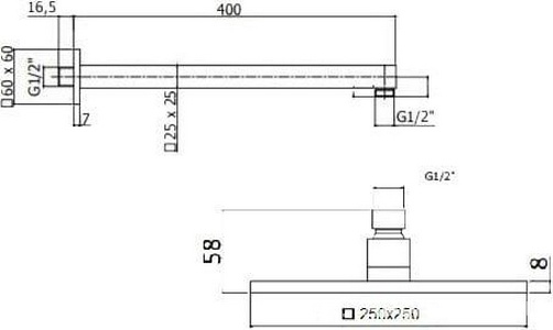 Душ верхний, стационарный, лейка 250х250мм, настенный монтаж, (кронштейн 400мм), (цв.хром),  ZZ BelBagno Romano ROM-SLD-CRM