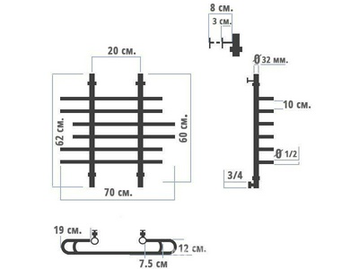 Полотенцесушитель "Л"  600*800 мм, подключение 1"*3/4, установочный набор в комплекте XX Ника Лагуна Лагуна 80/20/60