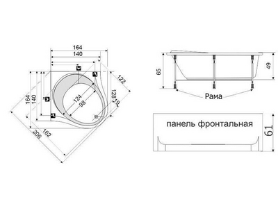 Ванна 164х164хh65см, "Стандарт", без г/м, на раме, фронт.панель, слив/перелив в компл.,  ZZ Thermolux Infinity Life ВАННА 164x164 INFINITY LIFE