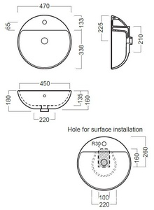 Раковина накладная на столешницу, 470х470хh160мм, круглая, с отв. для смесит.,  03:00 ZZ Hatria Happy Hour YXSJ01