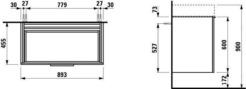 Шкафчик 895х455хh615мм, с 1 выдв. ящиком, под раковину 90см, арт.8.1033.9.000.104.1, сифон в компл., (цв. белый глянцевый),   ZZ Laufen Kartell by laufen 4.0760.1.033.631.1