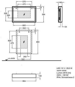 Зеркало 884х584х140мм, в раме, со светодиодной LED 12V / 29,5W подсветкой по контуру, (цв. светый дуб), крепёж в компл.,  ZZ Geberit Citterio 500.572.JI.1