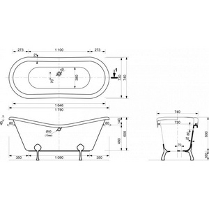 Ванна из искусственного камня Эстет Бостон 180x75, отдельностоящая, БЕЗ ножек, цв. белый, ZZ Эстет бостон ФР-00000624