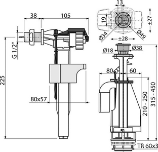 Двухрежимная арматура 3/6 л. для бачка, универсальная, нижний подвод 1/2, хром.кнопка, комплект ZZ AlcaPlast Универсал SA08 1/2