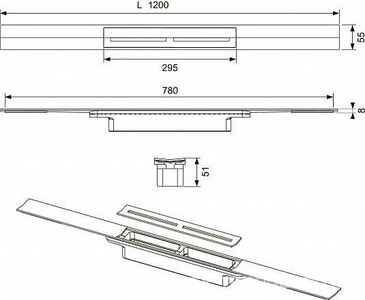 Профиль д/дренажа душа, 1200х55мм, укорачив.,монтаж на плиточн.клей над бетон.стяжкой,БЕЗ сифона арт.673002,(цв.глянец, черный хром),Тесе ZZ Tece Tecedrainprofile 671211