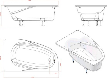 Ванна 1700x1000xh450мм, без панели, ножек, слива-перелива, литой мрамор цв.белый глянец., Селена Правая ZZ Астра-Форм селена Селена Правая