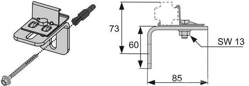 Крепление одинарное (кронштейн, анкер, дюбель) для сборки профилей, (оцинкованная сталь),  Tece TECEprofil 9030002
