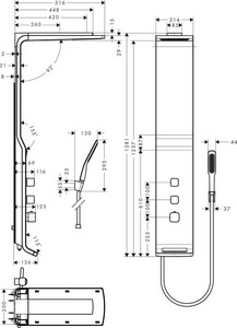 Душевая панель 214хh1281х516мм,(h +-200мм),термостат,верхн.душ с 2-мя типами струи,ручной душ,держатель,шланг 1,60м,(цв.белый/хром) Lift ZZ Hansgrohe Raindance 27008400