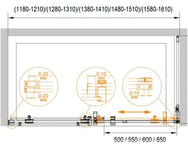 Дверь в нишу 1200(1180-1210)хh1950мм, сдвижная с неподв. сегм., вход 500мм справа/слева, (стекло прозрачное 8мм, фурнит. цв.хром),  ZZ Cezares Stylus STYLUS-O-M-BF-1-120-C-Cr