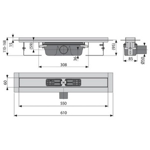 Универсальный водоотводящий желоб 550 мм, для решетки под плитку арт.Floor-550 ZZ AlcaPlast Optima APZ6S-550