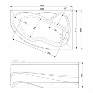 Ванна акриловая "", 1600х1000 мм, правая, БЕЗ каркаса, слива-перелива и панели, белая ZZ Mirsant Ливадия n067165