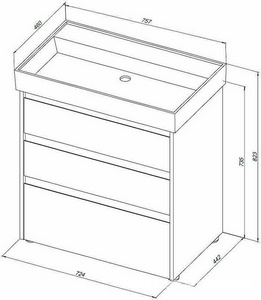 Тумба напольная, 75 см, 3 выдвижных ящика, без раковины, цв. дуб рустикальный ZZ Aquanet Nova Lite 302474
