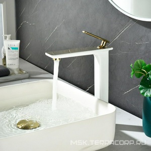 Смеситель для раковины высокий LM6409WG, 5x15x19 см, донный лапан цв золото, см-ль цв белый+золото, ZZ Lemark Mista LM6409WG