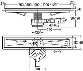 Душевой лоток 900мм, с сифоном, выход вбок DN 50мм, h90/150мм, 0,5-0,7л/с, нерж сталь, (БЕЗ решетки, опор, уплотн.материала, монтажн.клея) Visign ZZ Viega Универсал 618025