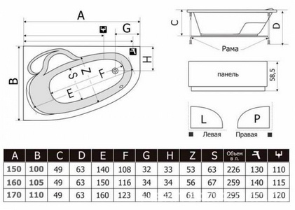 Ванна  (правая) "Стандарт",  без г/м, 170х110х58,5см,  на раме, фронт. панель, слив/перелив в комп. (фурнитура ЦВ.БРОНЗА) ZZ Thermolux Talia Talia 170 R стандарт (ЦВ.БРОНЗ)