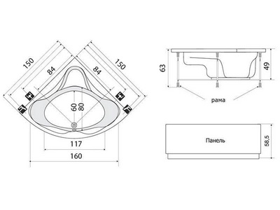 Ванна 150х150хh58,5(49)см, аэромассаж (бронза), на раме, слив/перелив и панель в компл.,  ZZ Thermolux Galateya ВАННА 150х150  GALATEYA + аэромассаж(бронза)