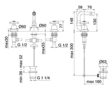 Смеситель для биде на 3 отв., с д/к (хром),  ZZ 3M Old italy 4427 CC