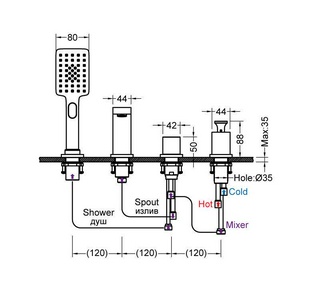 Смеситель для ванны, встраиваемый в борт на 4 отв., с душ.гарнитуром, (цв.черный матовый), Torne ZZ Timo torne 4330/03Y