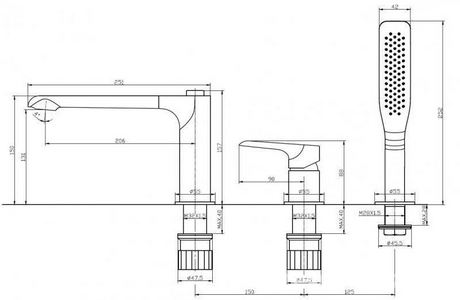 Смеситель для ванны, встраиваемый в борт на 3 отв., лейка, шланг в компл., (цв.хром),  ZZ BelBagno Ancona ANCONA-BVD3-CRM