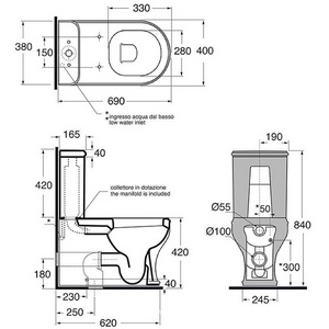 Бачок для унитаза моноблок, подвод воды снизу, без механизма смыва арт. B 1900 2F/40 хх,  ZZ Azzurra Charme CHCSMB000000/(CHA400/MBL bi)