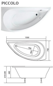 Акриловая ванна 1MarKa Piccolo L, 150x75 без гидромассажа, без каркаса, без панели,без слива-перелива, ZZ 1Marka piccolo У10976