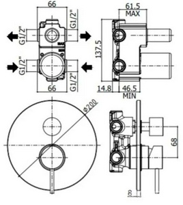 Смеситель для душа, встраиваемый в стену, девиатор-картридж, 2 положения+1 комбо, (цв.черный матовый),  ZZ Paffoni Light LIG018NO
