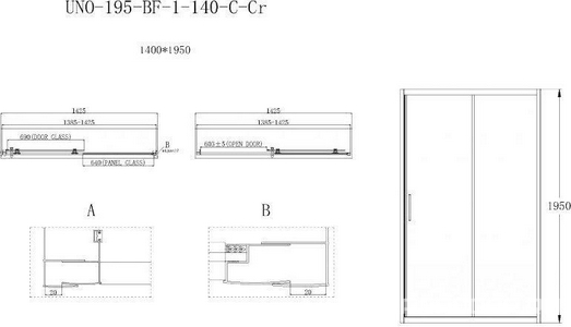Дверь для душа, в нишу 140хh195 см, раздвижная, 1 дверь, 1 неподв.секция, правая/левая, (стекло прозрачн.5мм, фурн.цв.хром), Uno ZZ BelBagno Uno-195 UNO-195-BF-1-140-C-Cr