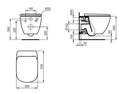 Унитаз подвесной 365х535мм, безободковый Aquablade, без сиденья, крепёж в компл.,  Ideal Standard Tesi T007901