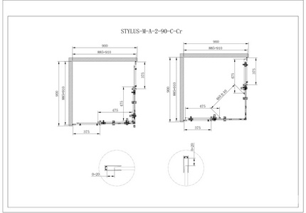 Душевой уголок 900х900хh1950мм, квадрат, 2 сдвиж.дверцы с 2 неподв. сегм., вход 465мм, (стекло прозрачное 8мм, фурн.цв.хром), Stilus-M ZZ Cezares Stylus M STYLUS-O-M-A-2-90-C-Cr