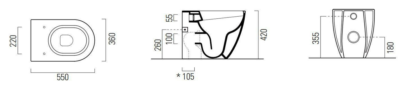 Унитаз напольный, пристенный 360х550мм, безободковый, монтаж со скрыт в стене бачком, без сиденья, без креплений к полу арт.FVB,  ZZ GSI Pura 881011