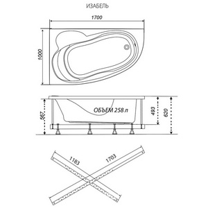 Ванна акрилованя Triton Изабель R (правая) асимметричная, 170х100 см, каркас в компл., без слива-перелива, панелей, цв. белый, ZZ Triton изабель 48747/44533 (Щ0000048747 +каркас)