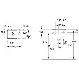 Раковина 400х260хh140мм, подвесная, 1 отв. д/смес справа, крепеж в комплекте, (цв. 01 White),  ZZ Villeroy & Boch Memento 53334101
