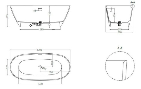 Ванна 1700х800хh605мм, отдельностоящая, литой камень S-Sense, глянец, нажимной слив камень в цвет ванны, Sofia ZZ Salini SOFIA 102516G