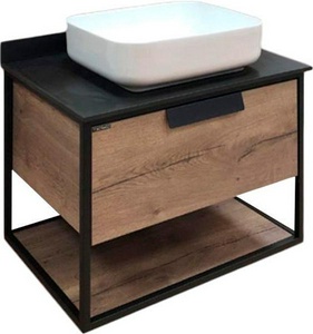 Тумба подвесная "-75"-75см, с раковиной (COMFORTY T-Y9378) в комплекте, цв. дуб темный с черной столешницей, ZZ Comforty Кёльн 00004149065