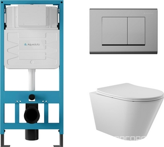 Компл.: унитаз подвесн.,безободк.,525х360мм,цв.белый глянц., сиденье с микролиф,,инстал. д/унит., крепёж, клавиша смыва Quadrado цв.хром,  ZZ Aqueduto Cone AQDS017