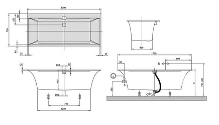 Ванна 1700х750хh450мм, прямоуг. модель, (кварил цв.белый), (ножки пласт. h145-180мм, слив-перелив, крышки цв.белый и хром в комп.,), Squaro Edge 12 XX