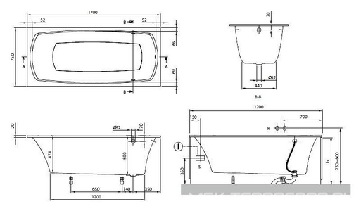 Ванна 1700х750х500мм, (кварил цв. 01 белый), без отверст.перелива, сверло,ножки пласт.h145-180мм в компл, (без удлинён. слива-перелива),  ZZ Villeroy & Boch My Art UBQ170MYA2V-01