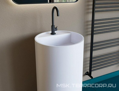 Раковина 450х450хh850/950мм, напольн, кругл, c отв.д/смес и перел., литой камень S-Sense,глянц.цв.белый, доный клап.Up&Down в компл., Top 01 ZZ Salini Armonia 130114G