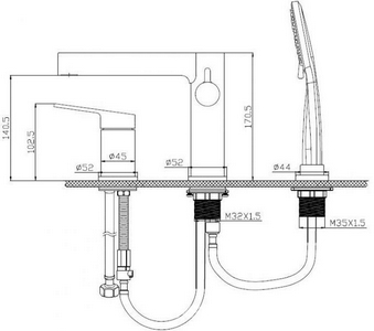 Смеситель для ванны, встраиваемый в борт на 3 отв., лейка, шланг в компл., (нерж.сталь цв.сатин), Delta ZZ BelBagno delta DEL-BVD3-IN