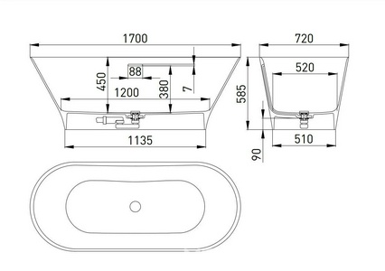 Ванна 1700х720хh585мм, отдельност., литой камень S-Sense, глянец, донный клапан Up&Down цв.белый в компл.,  ZZ Salini Mona 102912G