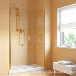 Дверь в нишу  LUX, 110x190 см,левая, одностворчатая распашн., с неподвижным элем., ручки квадро. проф.золото, ст.прозрачное, покр.BriteGuard, ZZ Vegas Glass EP-F-2 EP-F-2 LUX 110 09 01 / BriteGuard / Левая