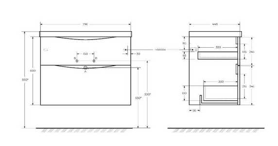 База под раковину подвесная с двумя выкатными ящиками 800x450x600мм, без раковины, (цв.Bianco Lucido),  ZZ BelBagno Marino MARINO-H60-800-2C-SO-BL-P