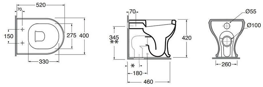 Унитаз напольный, приставной, 52х40см, монтаж со скрытым в стене бачком, без сиденья, крепёж к полу в компл.,  ZZ Azzurra Charme CHVCTT000000BI