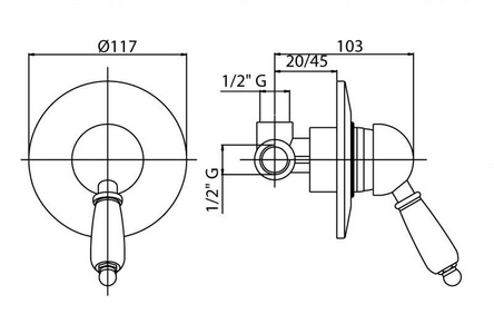 Смеситель для душа, встраиваемый в стену, (цв.золото, ручка цв.белый),  ZZ Cezares Elite ELITE-DIM-03/24-Bi