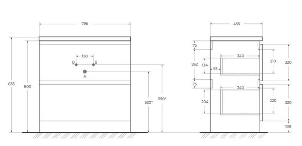 База под раковину напольная с двумя выкатными ящиками, 800х455хh835мм, без раковины, (цв.Pino Scania),  ZZ BelBagno Albano ALBANO-800-2C-PIA-PS