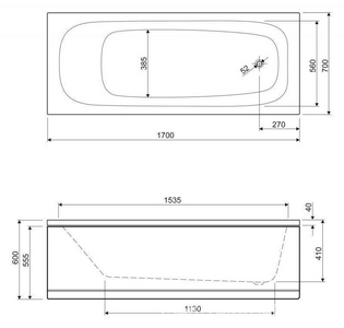 Ванна 170х70хh41см, прямоугольная, без ножек/каркаса, (акрил),  ZZ Cezares Eco ECO-170-70-41-W37
