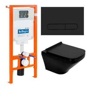 Комплект: унитаз подвесной безободковый, сиденье с микролифтом, инсталляция для подв.унитаза, крепёж, клавиша смыва, цв.черный матовый,  ZZ BelBagno Sela BB3201CHR-MB/BB3201SC-MB/BB002-80/BB007-PR-NERO.M